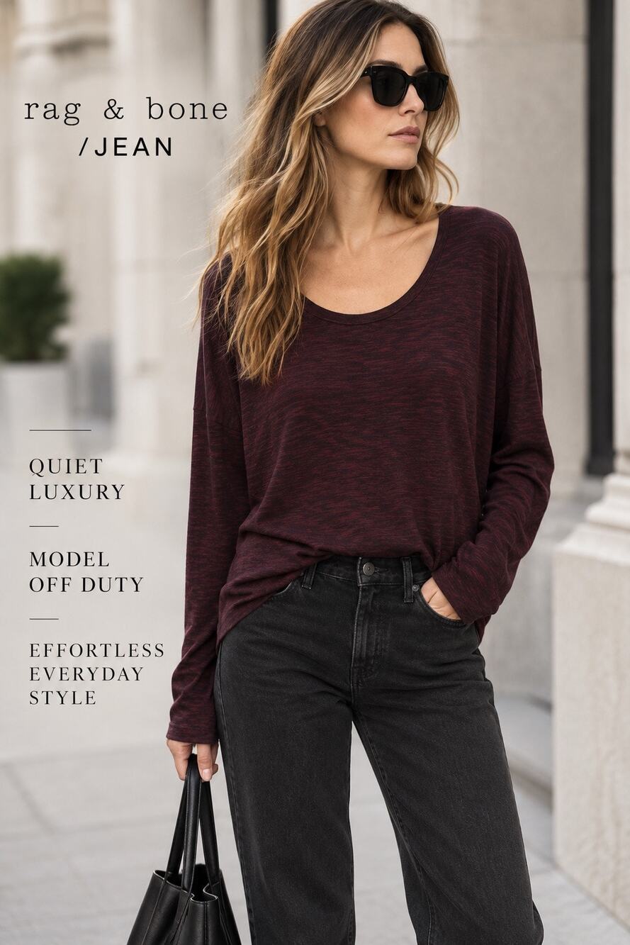 Elevated Luxe Basics Model Off Duty Rag & Bone Burgundy Marled Long Sleeve Tee M